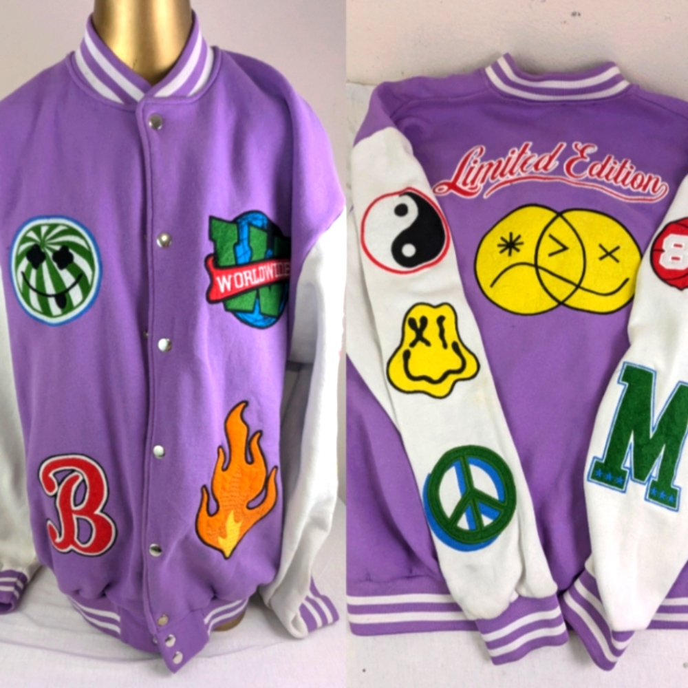 Boohoo Man Purple Lavender White Varsity Jacket with Cool Patches EVERYWHERE Med